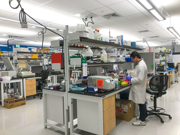 Scientist working at a bench in the lab at Addgene headquarters