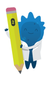 Blugene mascot holding a number 2 pencil