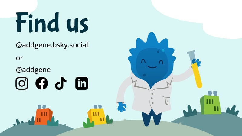image that says "Find us on @addgene.bsky.social or @addgene on Instagram, Facebook, TikTok, and LinkedIn.